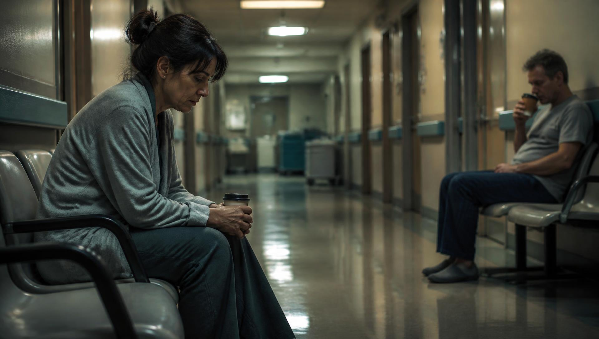 A mother and father sitting apart in an empty hospital corridor at four in the morning under fluorescent lights, holding cups of coffee