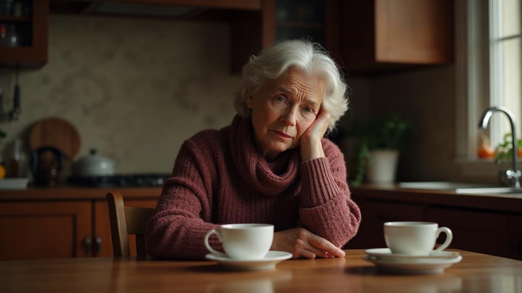 Exhausted middle-aged woman sitting at kitchen table early morning with cold coffee showing chronic emotional depletion