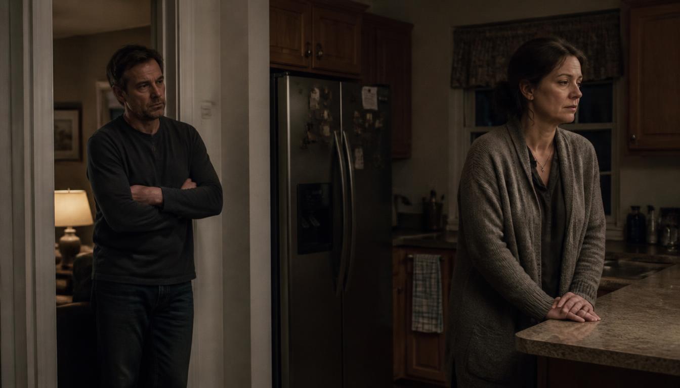 A stepfather standing in a kitchen doorway with arms crossed while his wife stands apart at the counter late at night