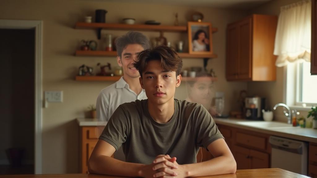 Young adult male at kitchen table looking emotionally flat with ghostly overlay of his younger happier self behind him, family photos fading from vibrant to muted