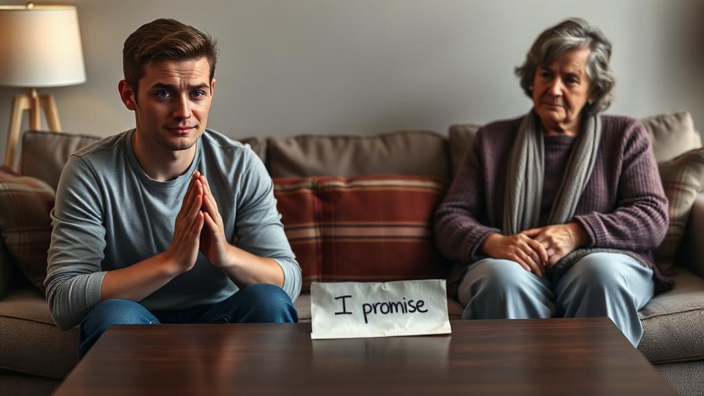 Young adult male sitting on couch with hands clasped together looking sincere while older mother watches cautiously, crumpled note saying I promise on coffee table