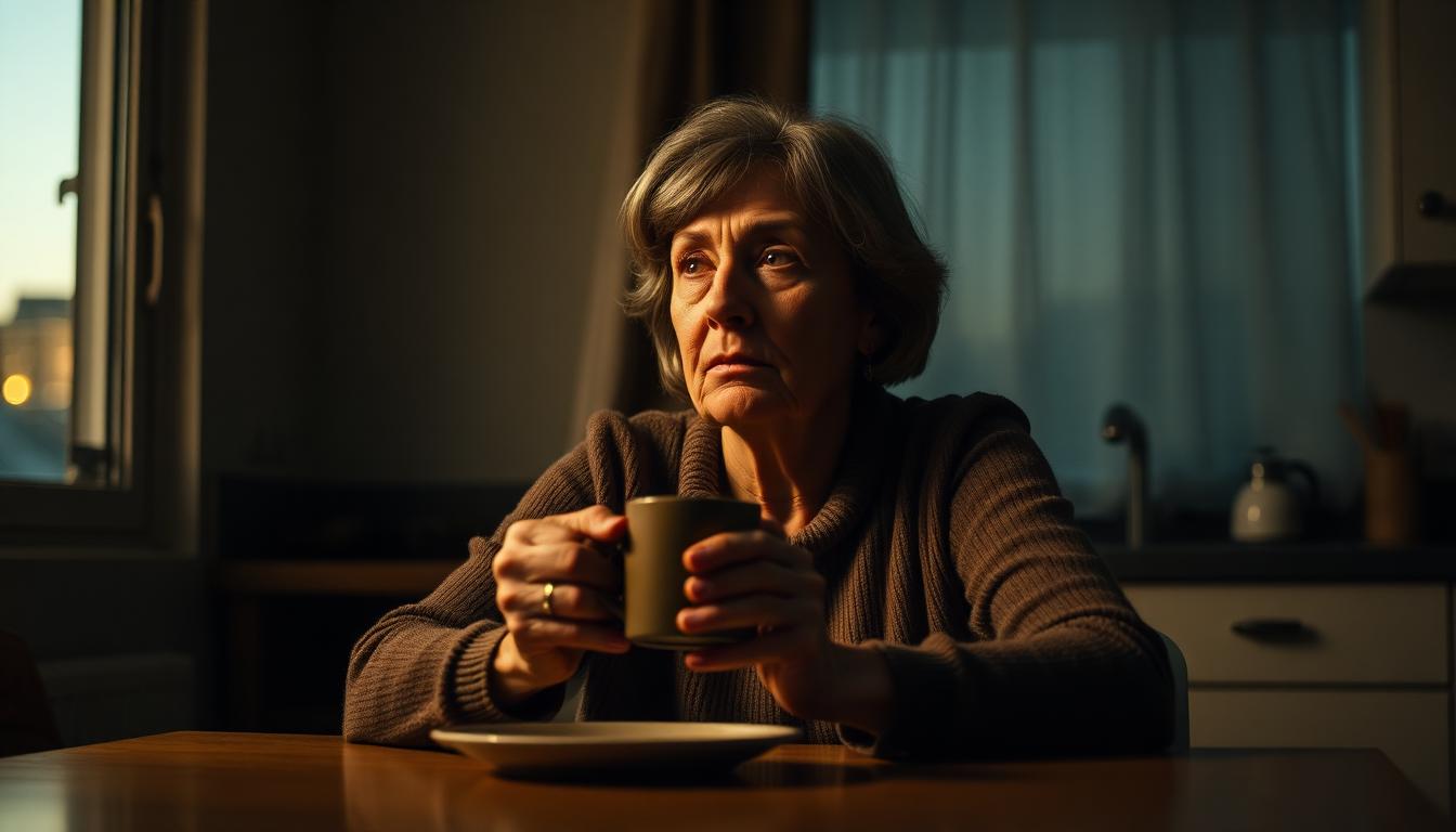 A worried mother in her early sixties sitting at a softly lit kitchen table at dusk, holding a coffee mug