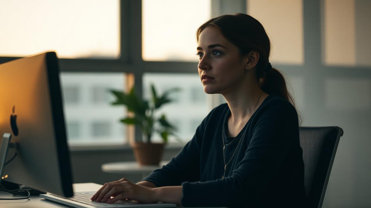 A young adult woman at a desk in dim evening light, quietly scanning the room