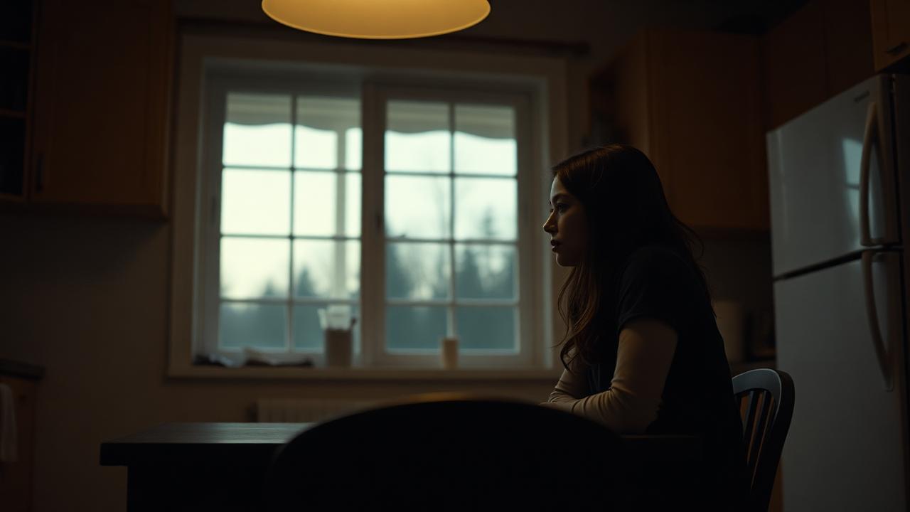 A young adult woman sitting alone at a dim kitchen table at dusk, looking quietly toward an empty chair