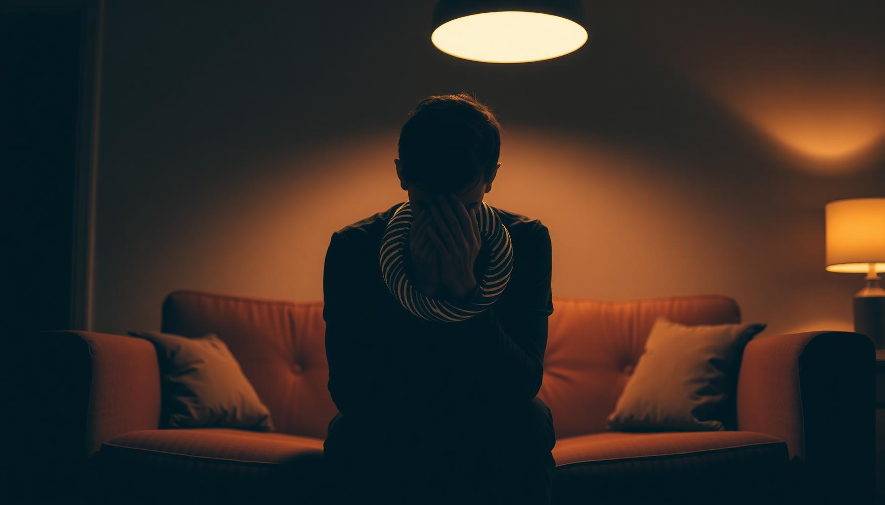 A silhouetted figure sitting alone on a couch in dim warm light, representing the cycle of anxiety and addiction