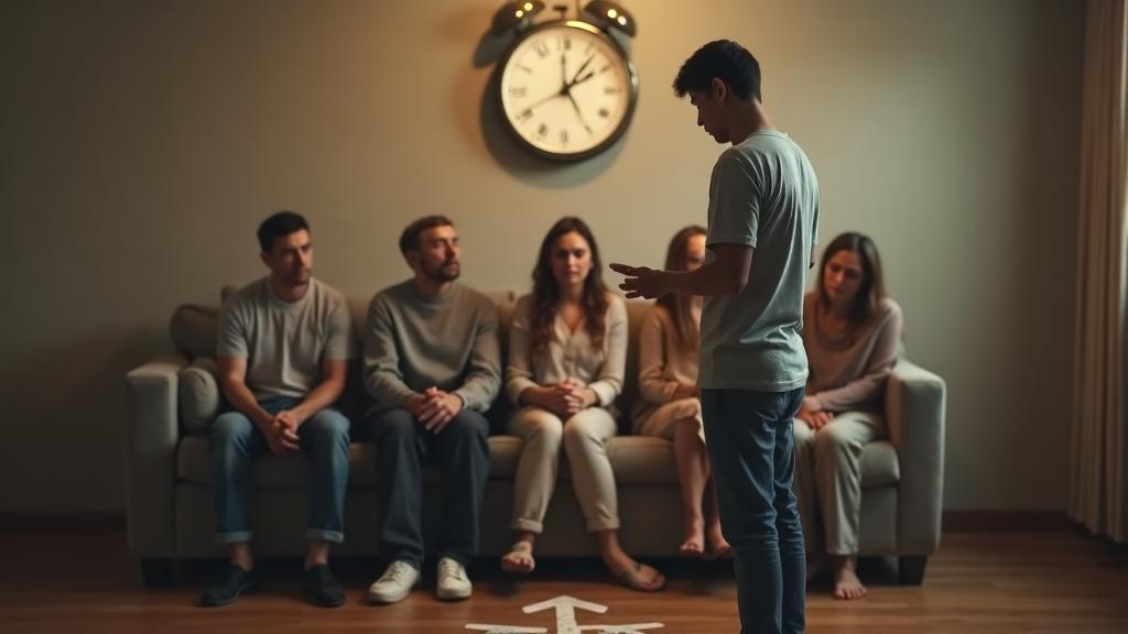 Person with head in hands looking remorseful while family member listens with mixed emotions of hope and skepticism