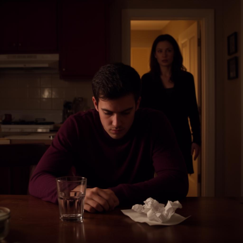 Young adult male sitting alone at dimly lit kitchen table late at night with empty glass while woman watches from doorway representing addiction denial patterns