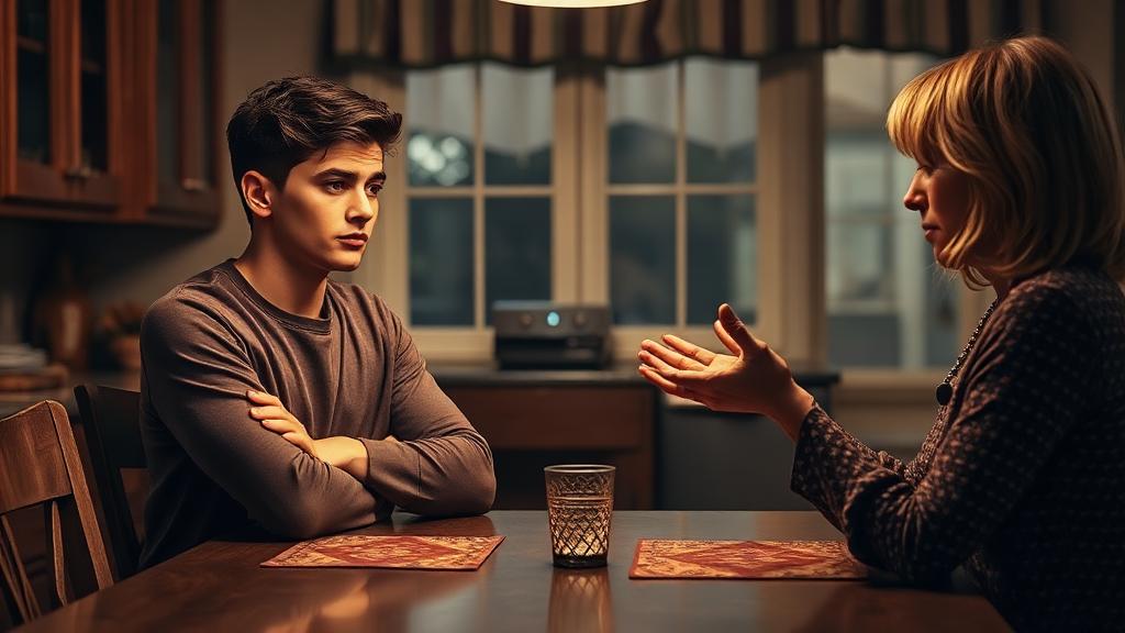 Young adult male sitting at kitchen table with arms crossed looking defensive while middle-aged mother gestures calmly trying to talk
