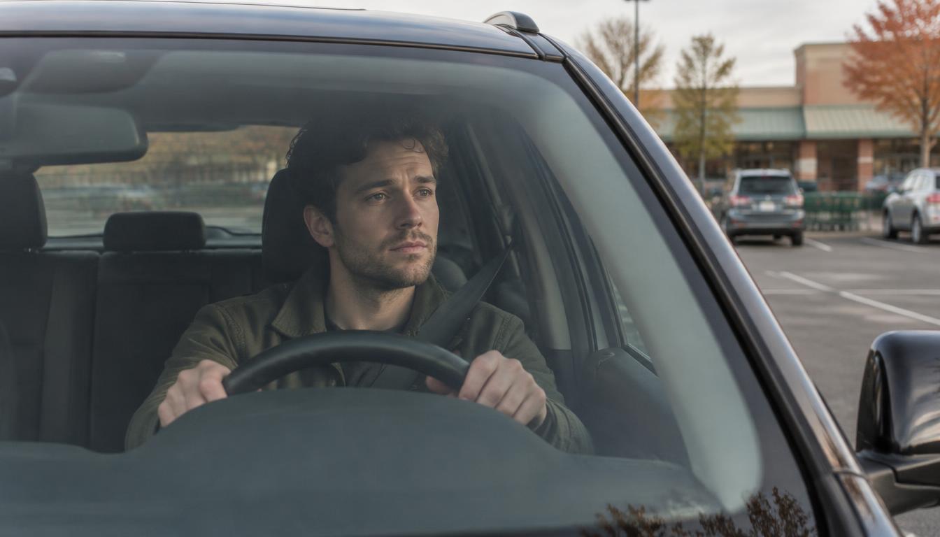 A man in his early thirties sitting alone in his parked car in a grocery store parking lot on a quiet Saturday afternoon