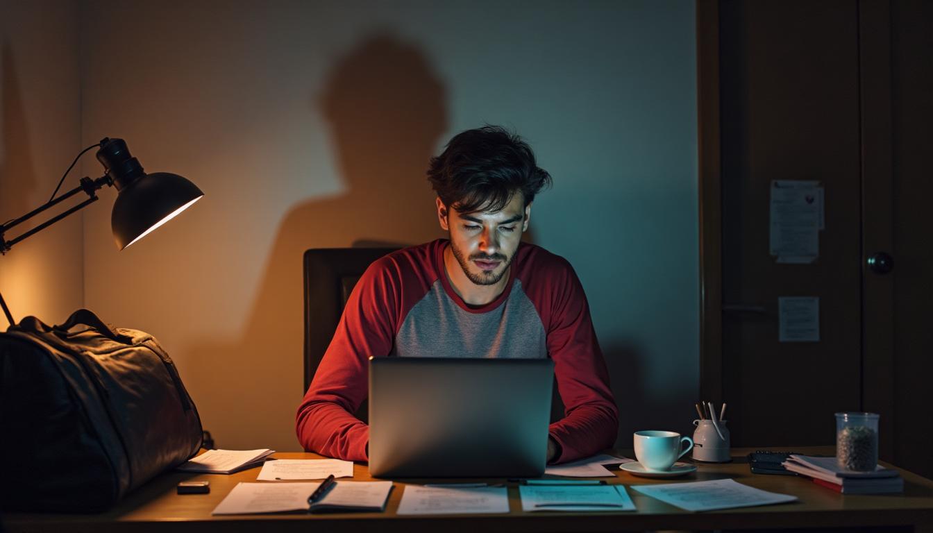 Person surrounded by work papers and to-do lists looking productive but overwhelmed, suggesting busy-ness masking underlying issues