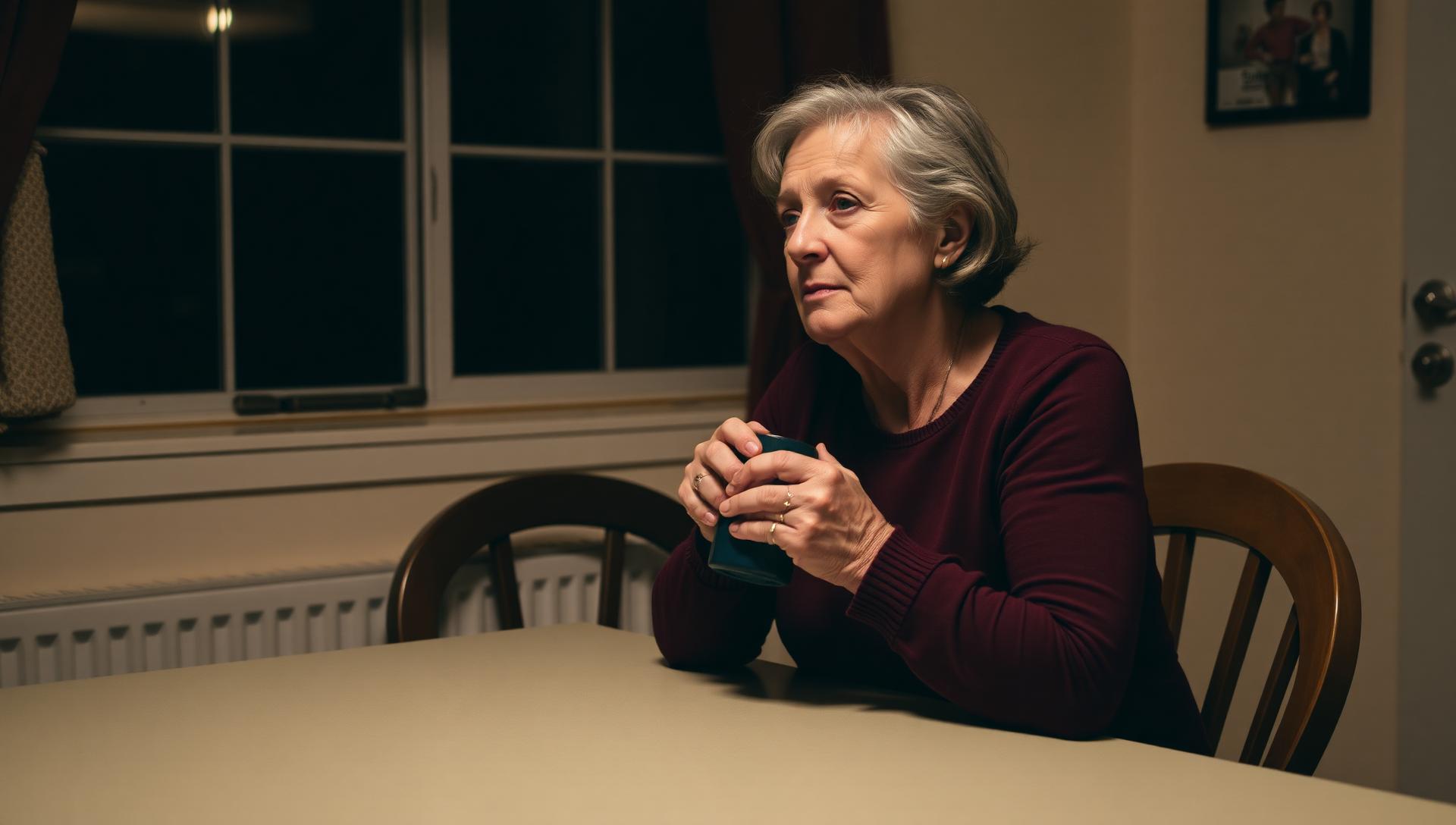 A weary mother sitting alone at a kitchen table at night, holding a mug and gazing out a dark window — representing a family caretaker exhausted by a loved one's addiction