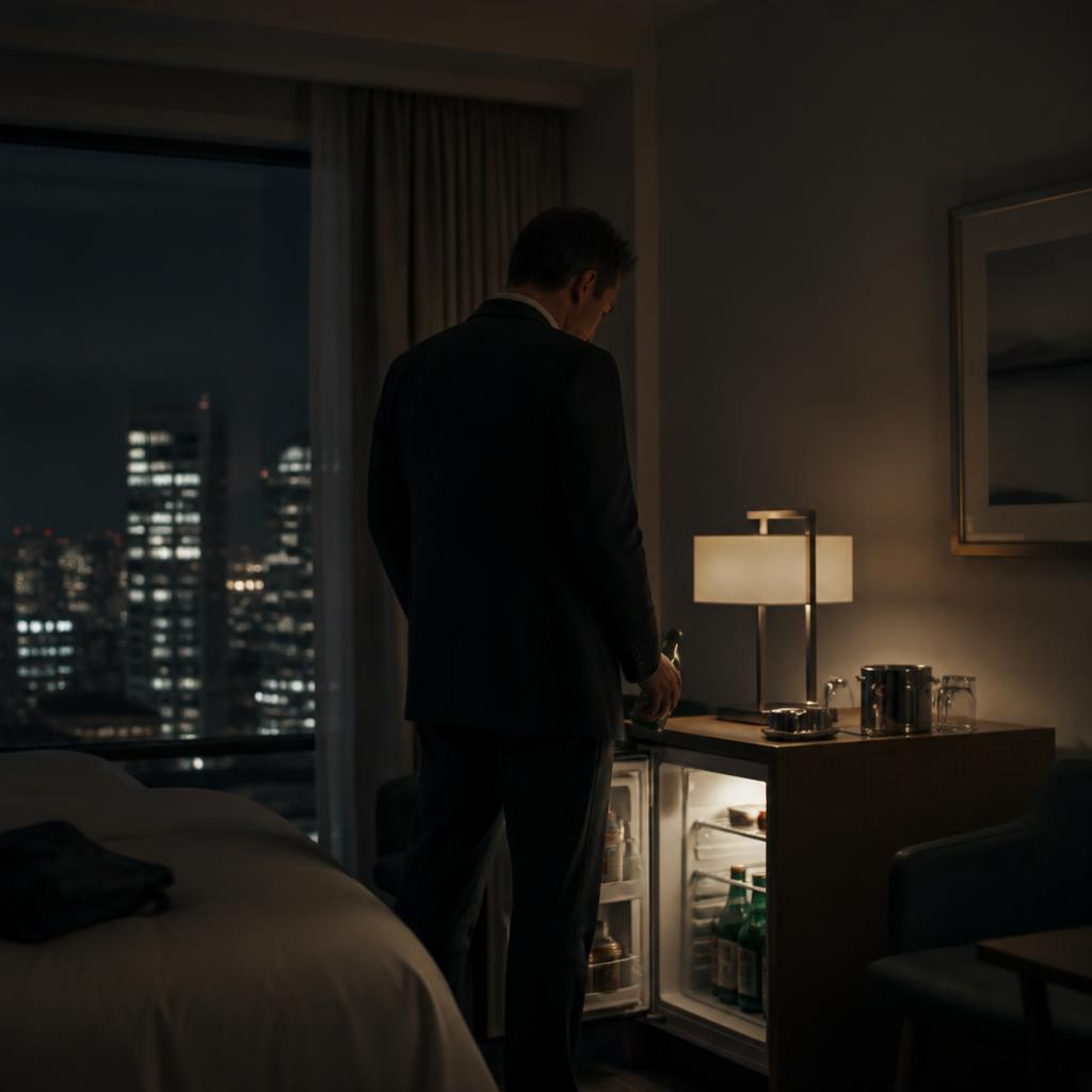 A man standing alone at night in a dim hotel room in front of an open minibar