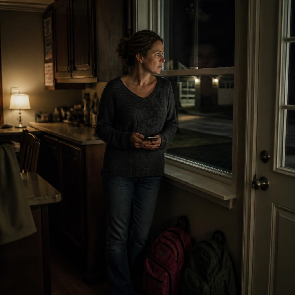 A mother standing alone in a dim kitchen at night, holding her phone and watching an empty driveway
