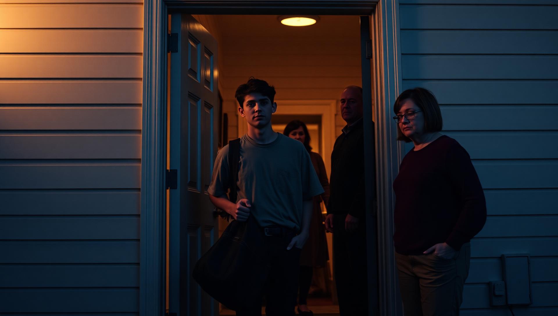 A young adult man at dusk standing in the doorway of a suburban family home holding a duffel bag while his parents wait quietly in the foyer