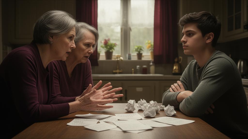 Family sitting around dinner table with one empty chair, expressions showing concern and careful conversation