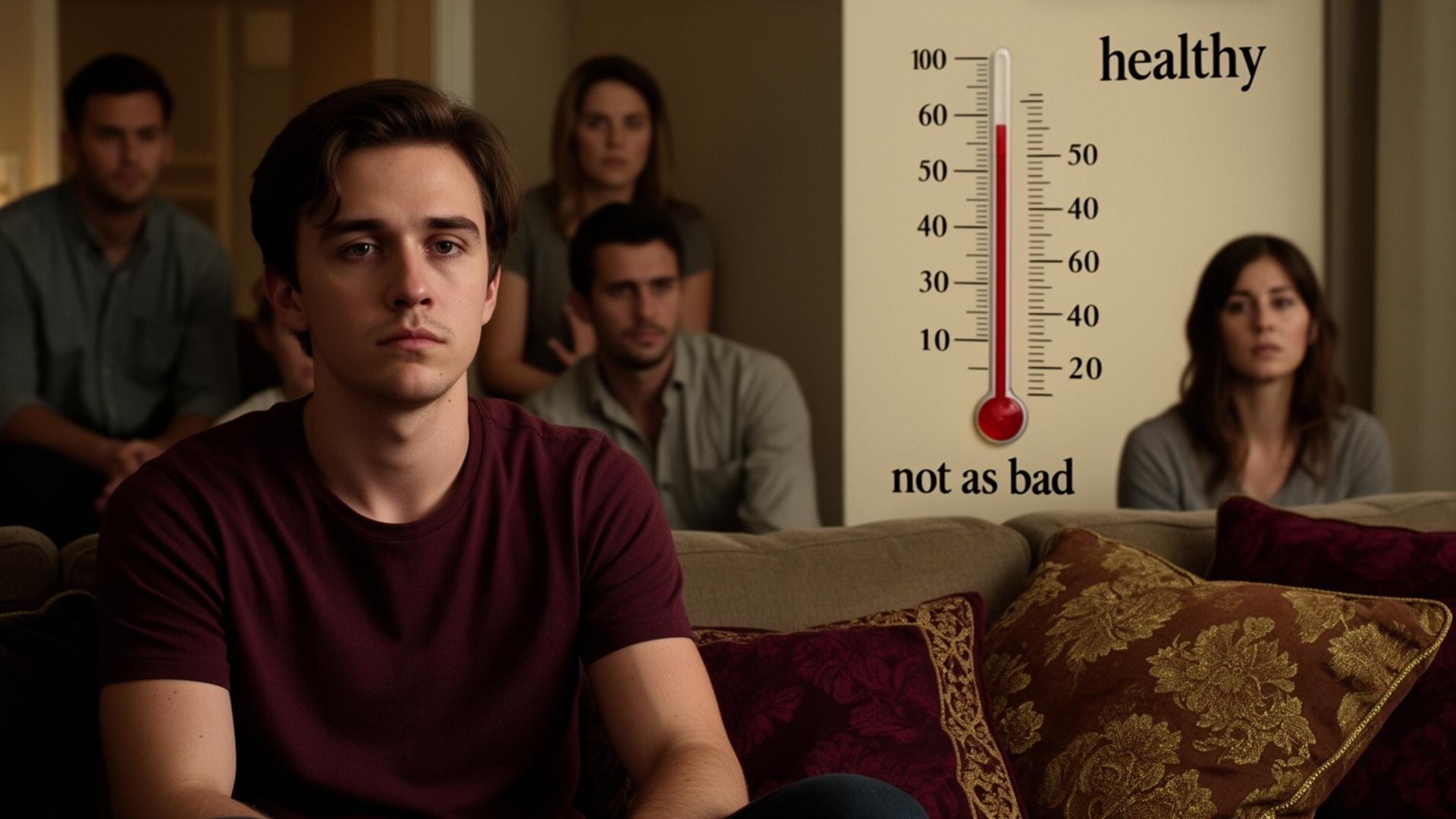 Person looking at worse examples of addiction while ignoring their own reflection, suggesting downward comparison