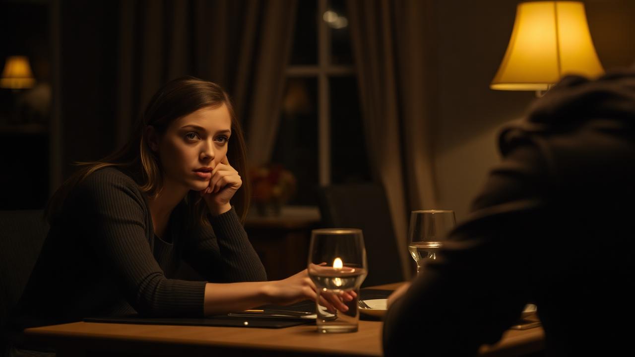 A young adult woman sitting tensely at a dim dinner table across from a loved one, holding back what she wants to say