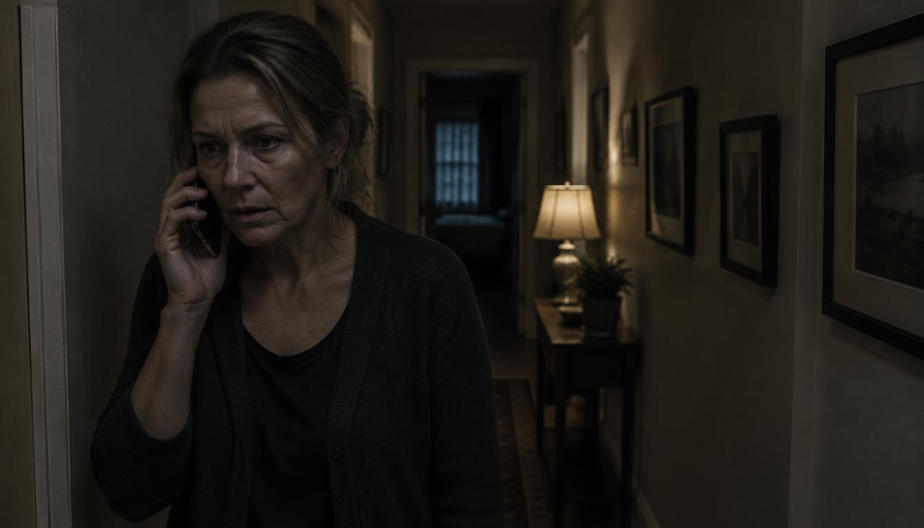 A woman in her fifties standing alone in a dim hallway at night, phone to her ear, making a call for someone else