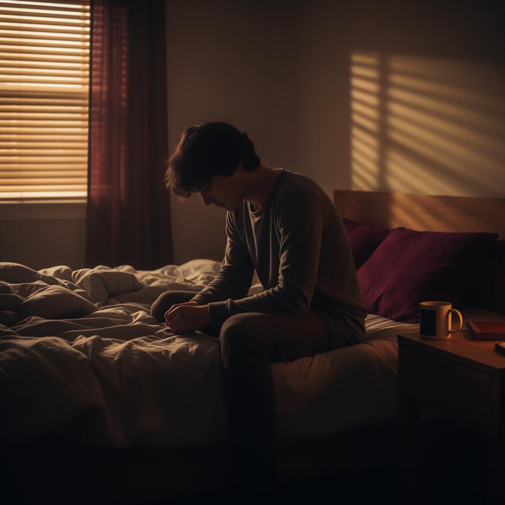 Young adult sitting on the edge of an unmade bed in dim morning light, conveying the weight of depression and addiction