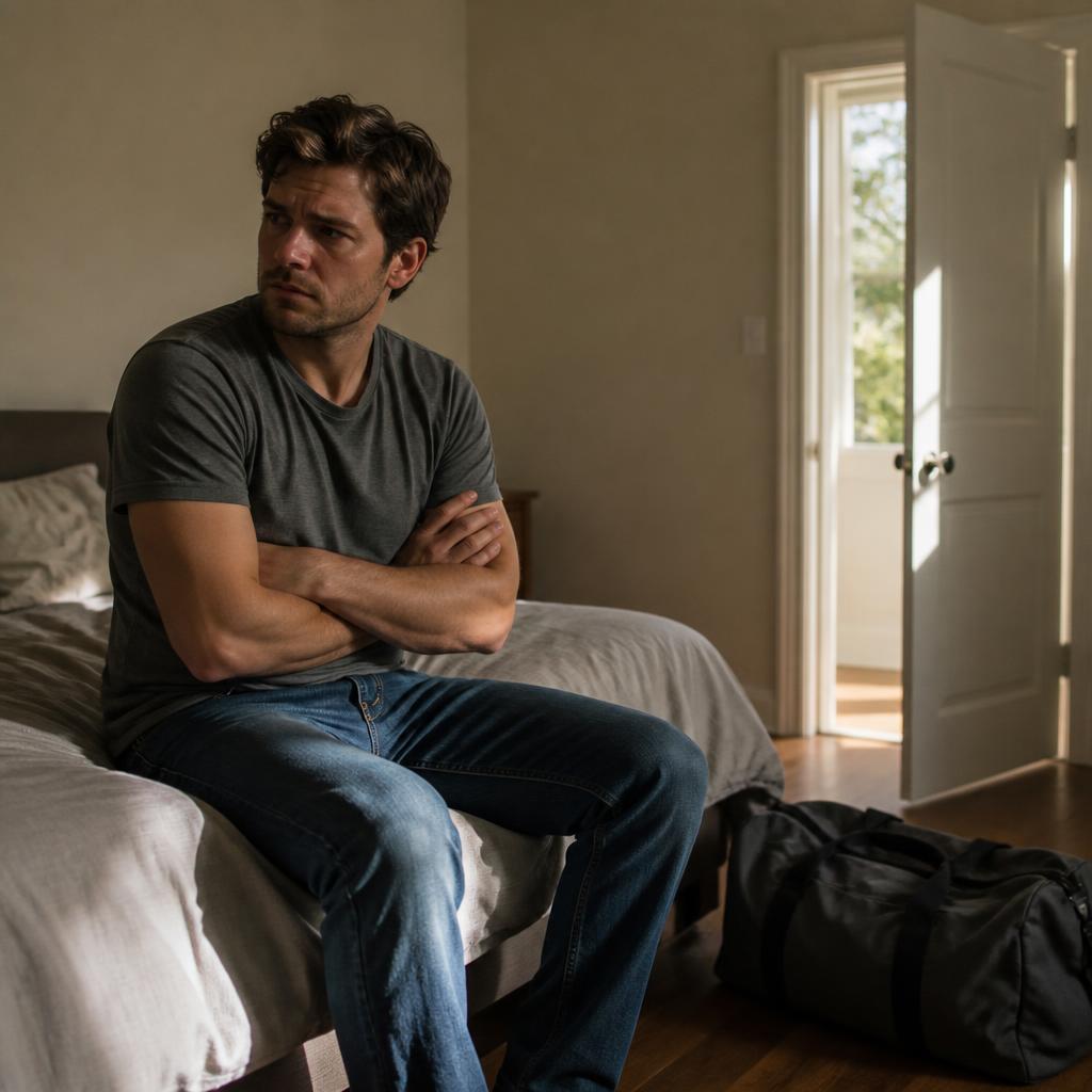 A young man sitting on the edge of a bed with his arms crossed and a packed bag by the open door