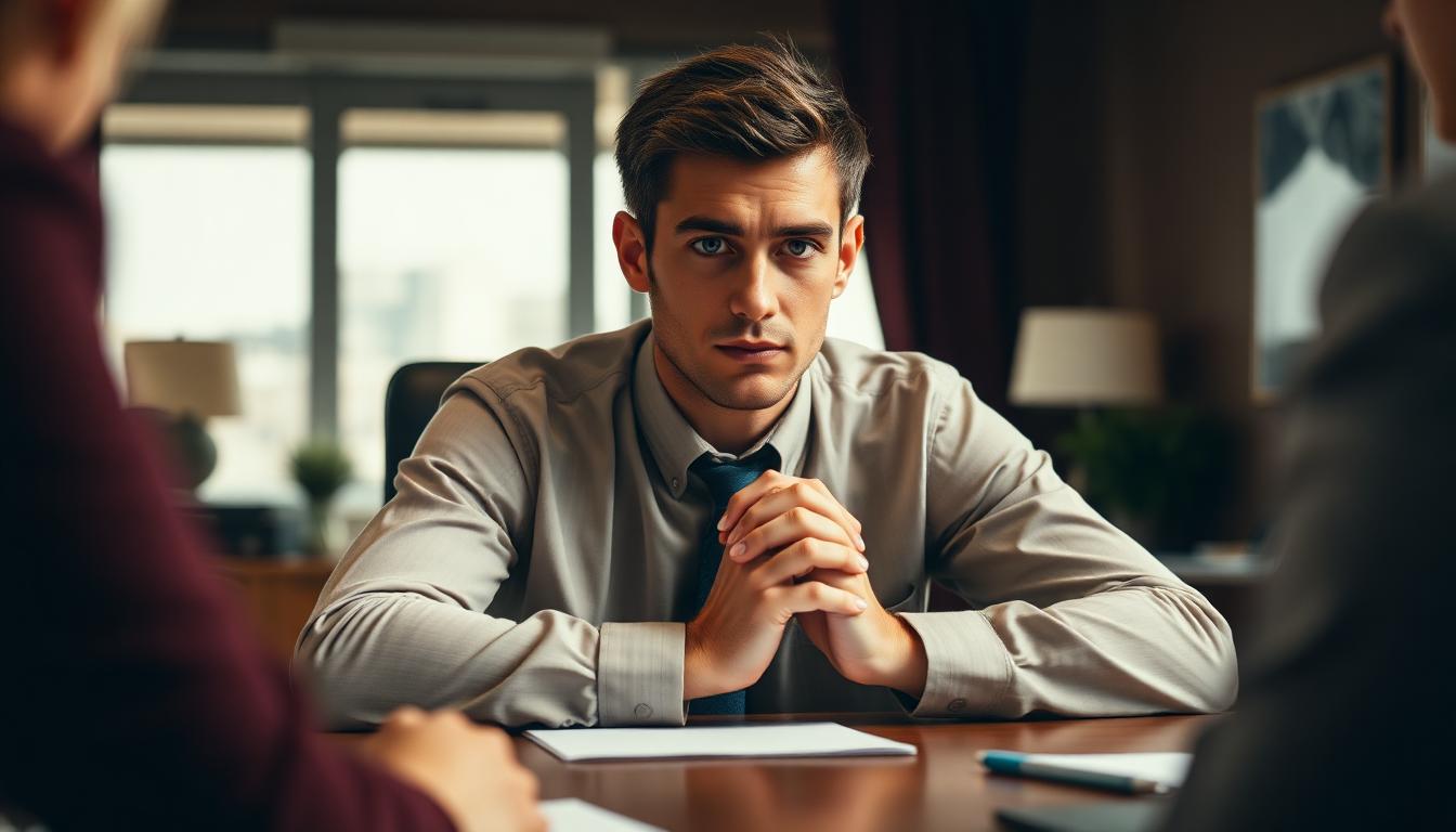 A young adult man sitting across a desk from an unseen professional in a warm, softly lit office, hands clasped in quiet resolve