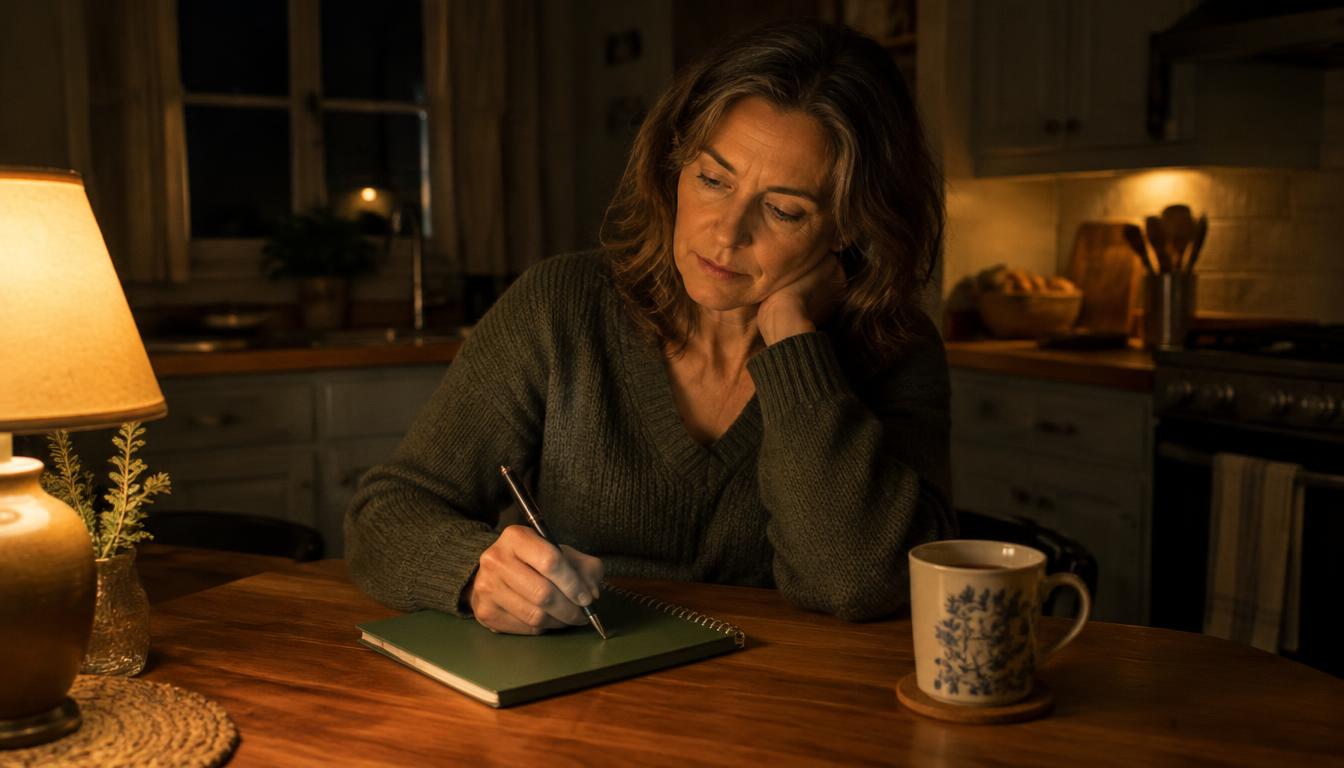 A woman in her fifties writing in a green spiral notebook at her kitchen table late at night by warm lamplight