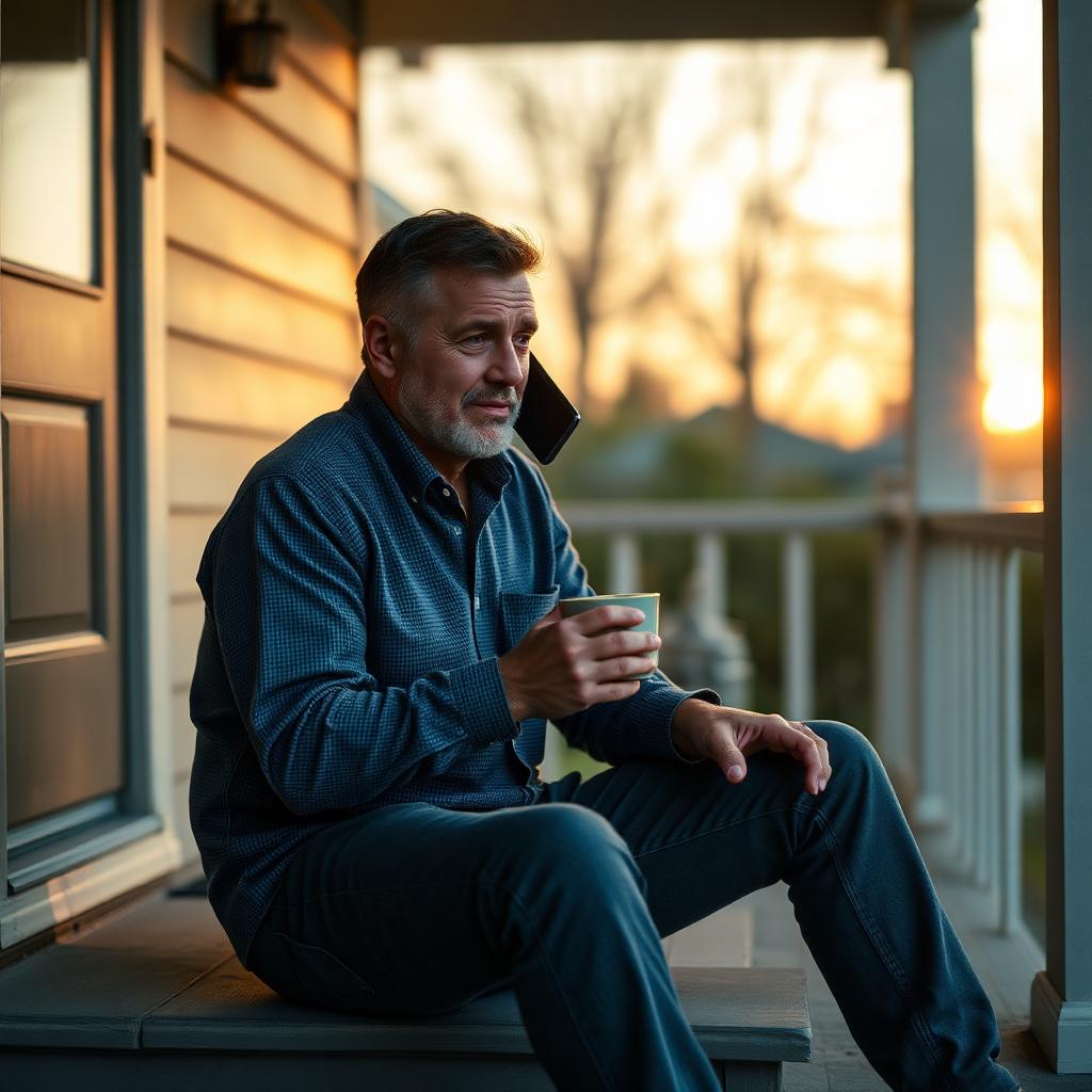 A man in his mid-forties sitting on a porch step at dawn holding a coffee mug and a phone, quietly taking a call in soft warm morning light