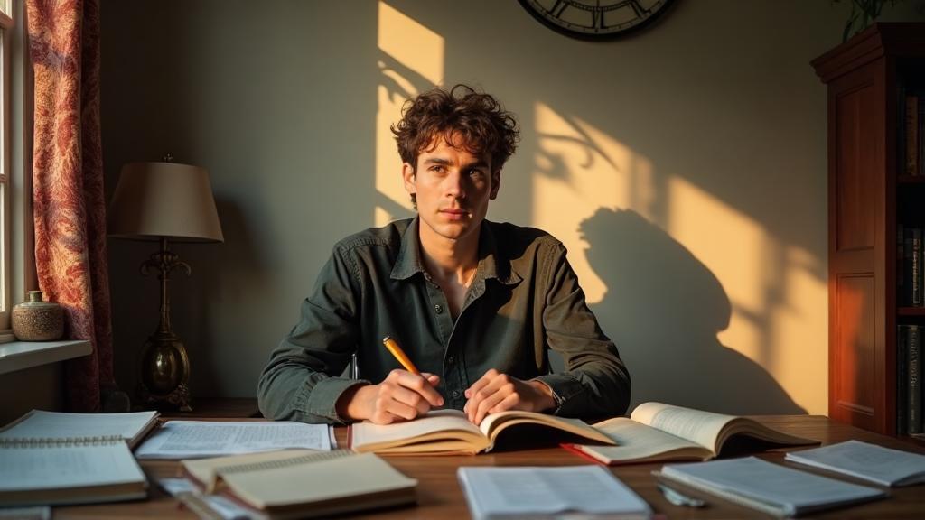 Person looking exhausted while organizing pills and self-help books on table, suggesting effortful but ineffective attempts