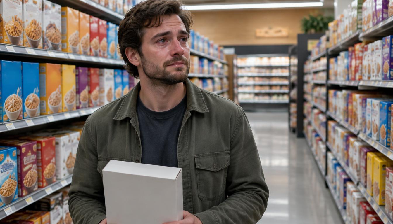 A young adult man holding a cereal box in a grocery store aisle, tearful as a memory brings up emotions in early sobriety