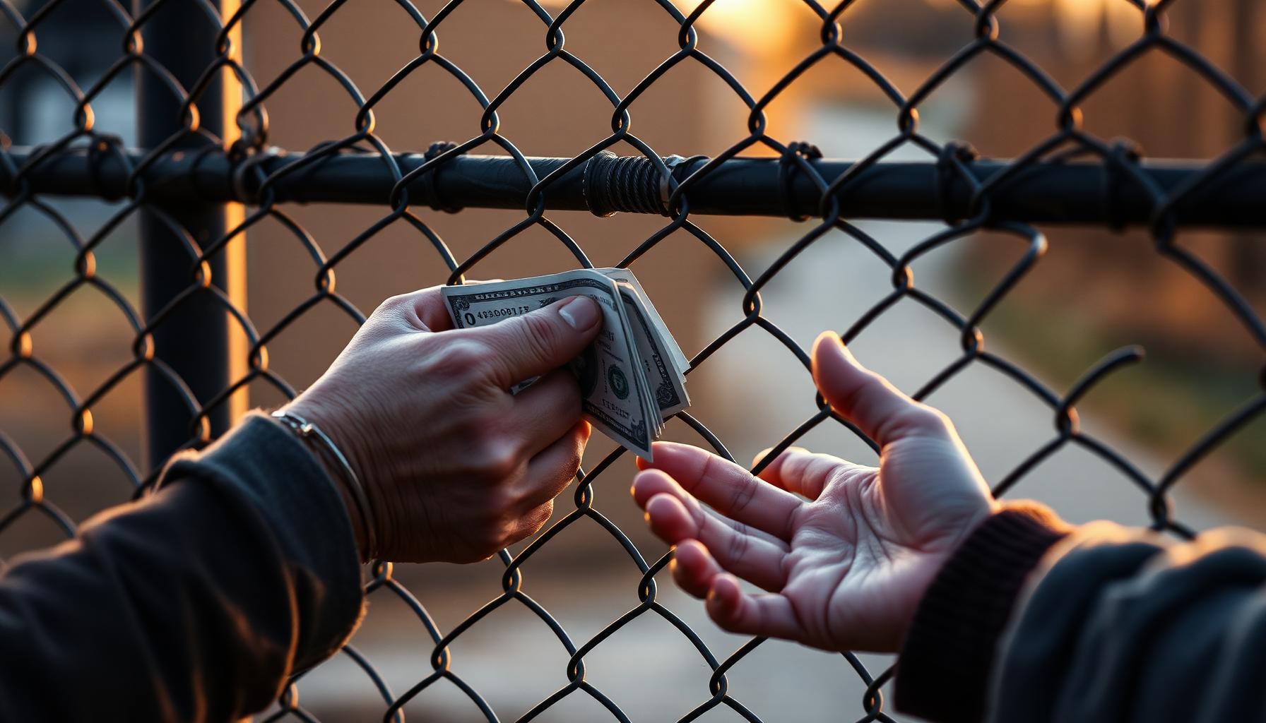 Hands passing money through a chain-link fence, representing the painful dynamic of enabling addiction in families