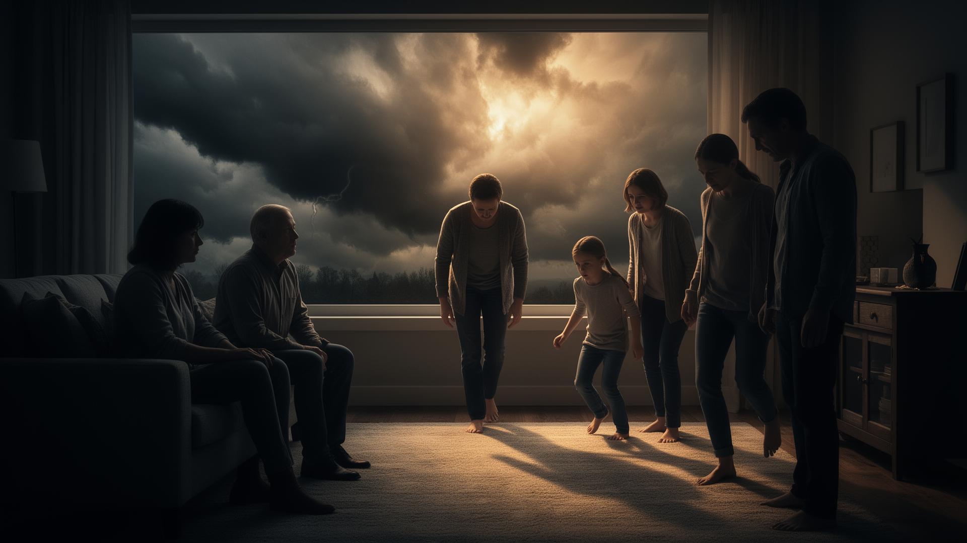 Family members tiptoeing around house while broken eggshells scattered on floor around one person