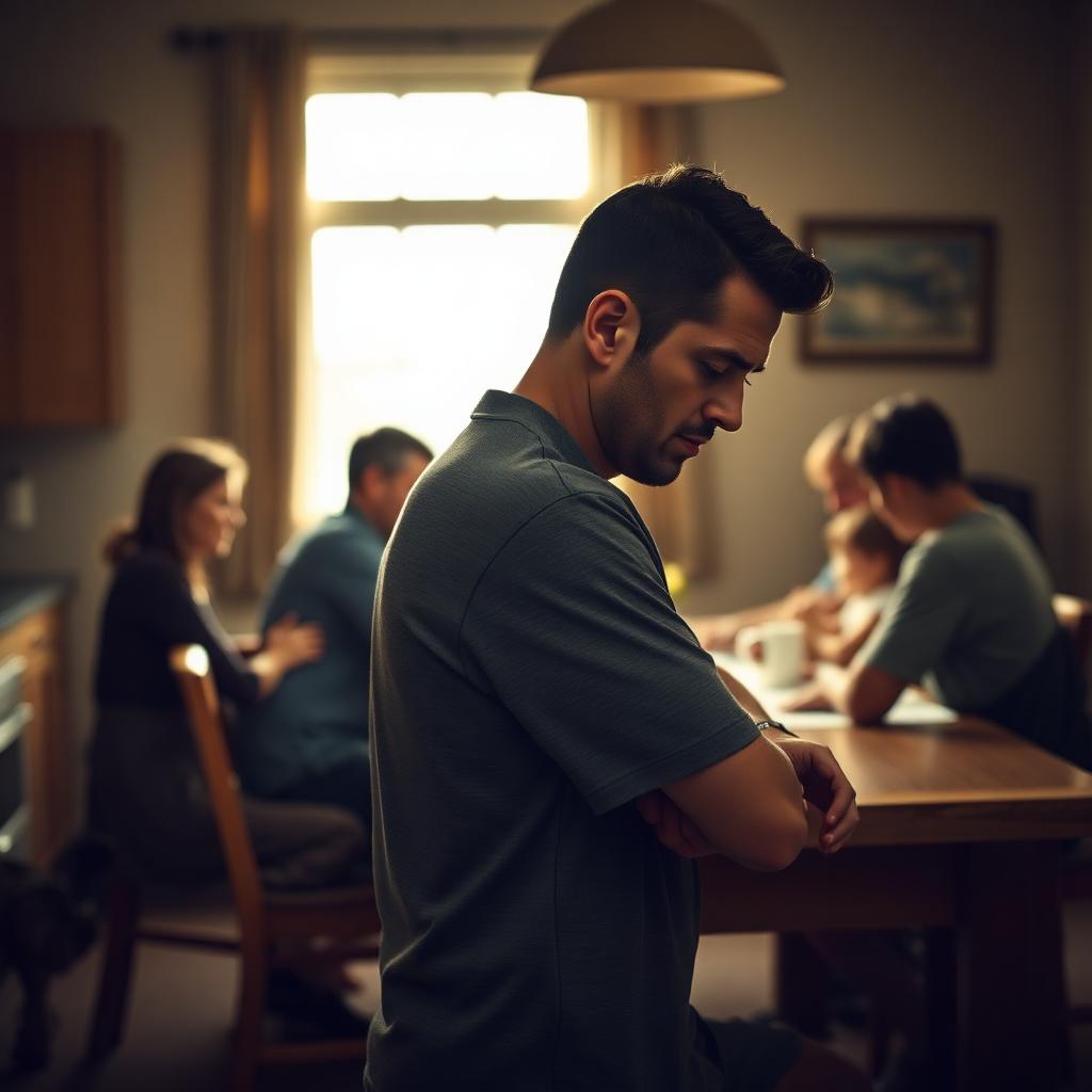 A man in his early 30s sitting at the end of a kitchen table with blurred family members gathered at the other end