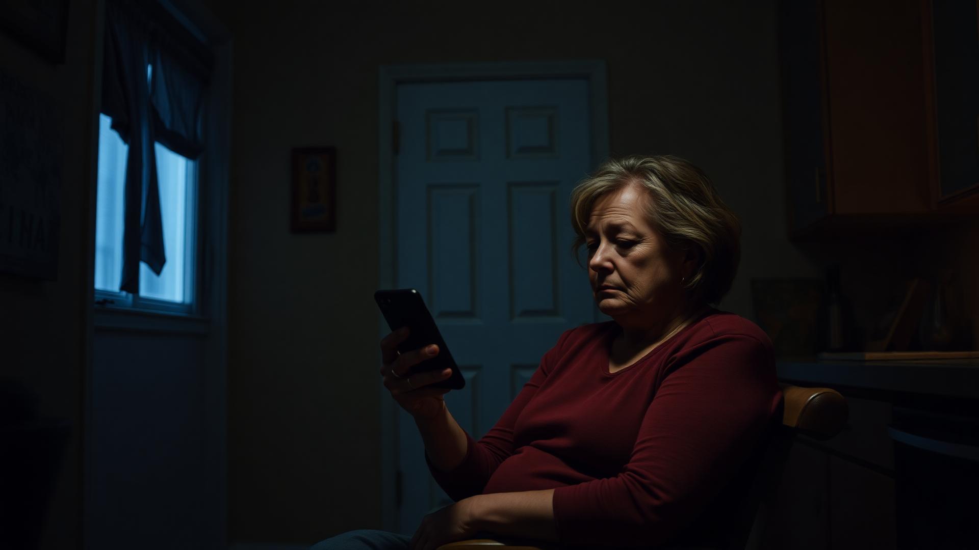 A worried mother sitting alone in a dimly lit kitchen at night, holding her phone and looking toward a closed basement door