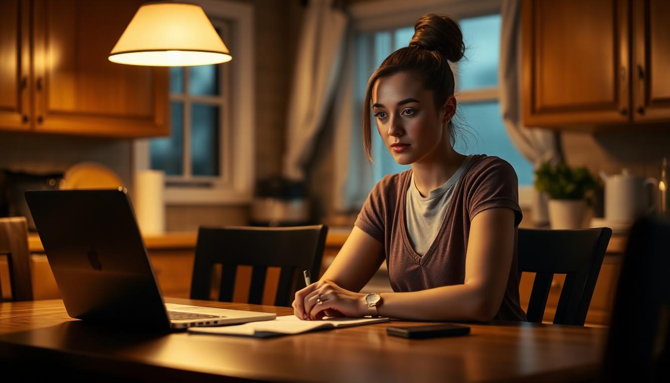 A young woman sitting at a kitchen table late at night, taking notes with determination — representing a family member taking action against addiction