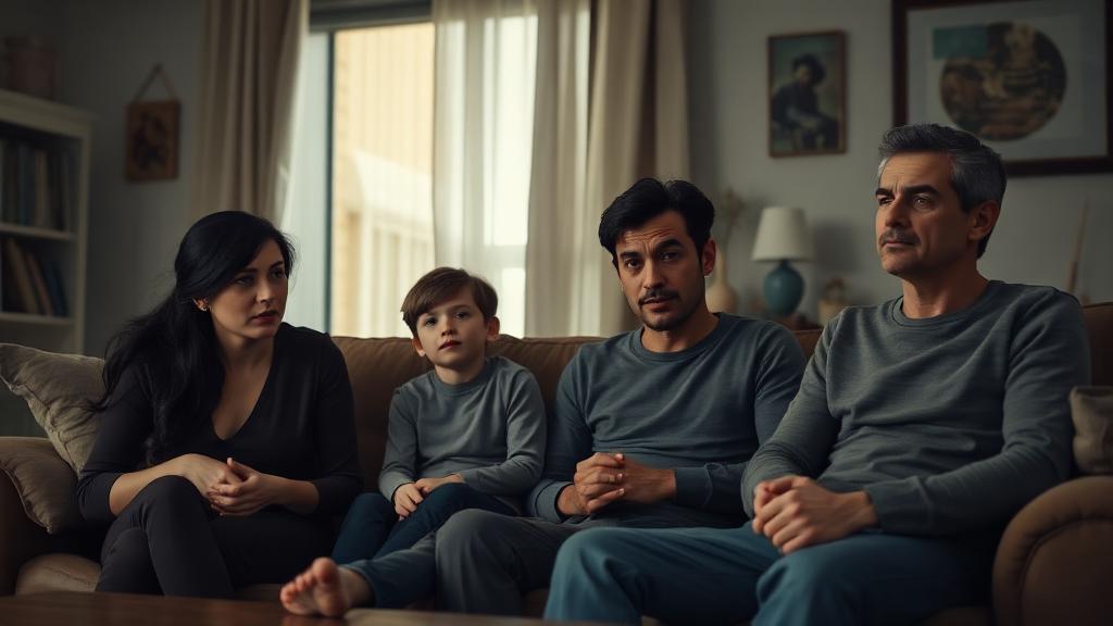 Family members with heightened alert expressions constantly scanning for signs of problems or crisis