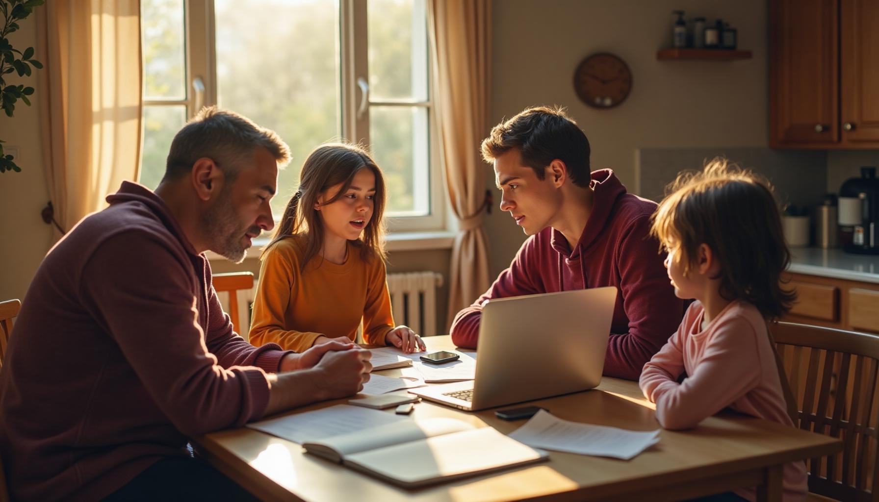 Family members looking thoughtful with question marks floating around their heads, suggesting contemplation