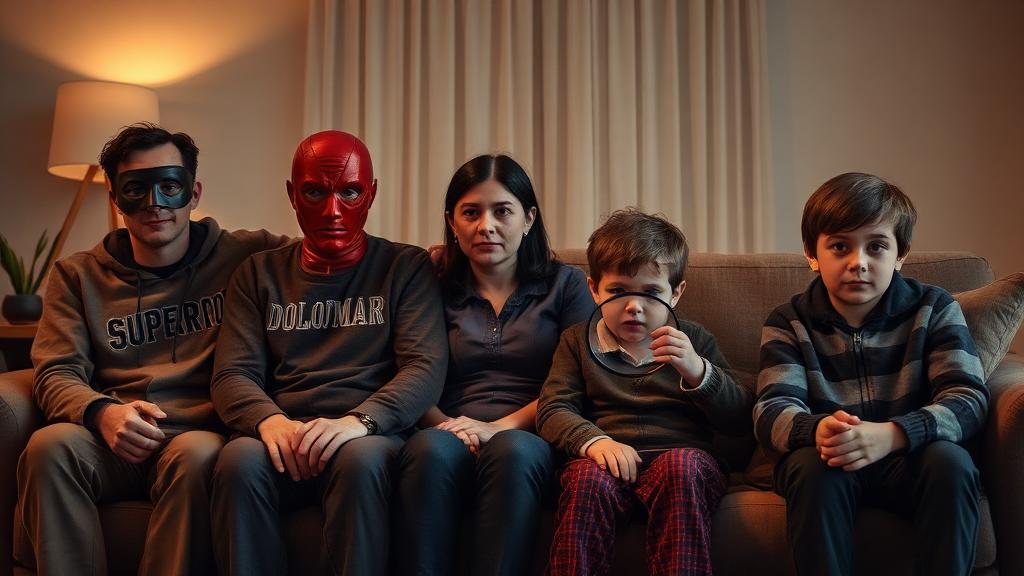 Family members wearing different masks representing their assigned roles: enabler, hero, scapegoat, mascot
