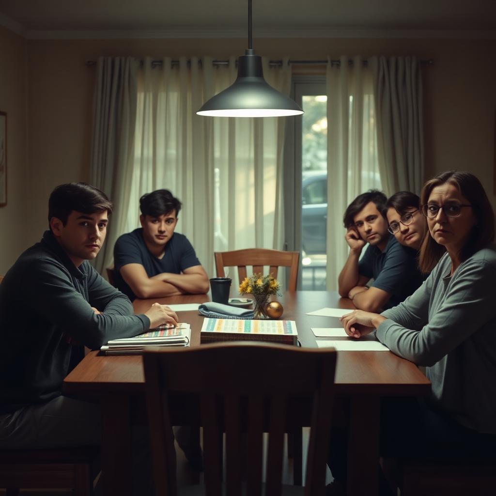 A family of young adults and parents seated around a dining table, visibly disconnected — each playing a different role