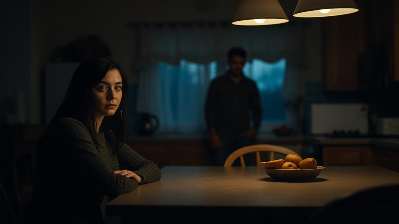 A young adult woman sitting silently at a dimly lit kitchen table while a family member stands in the background