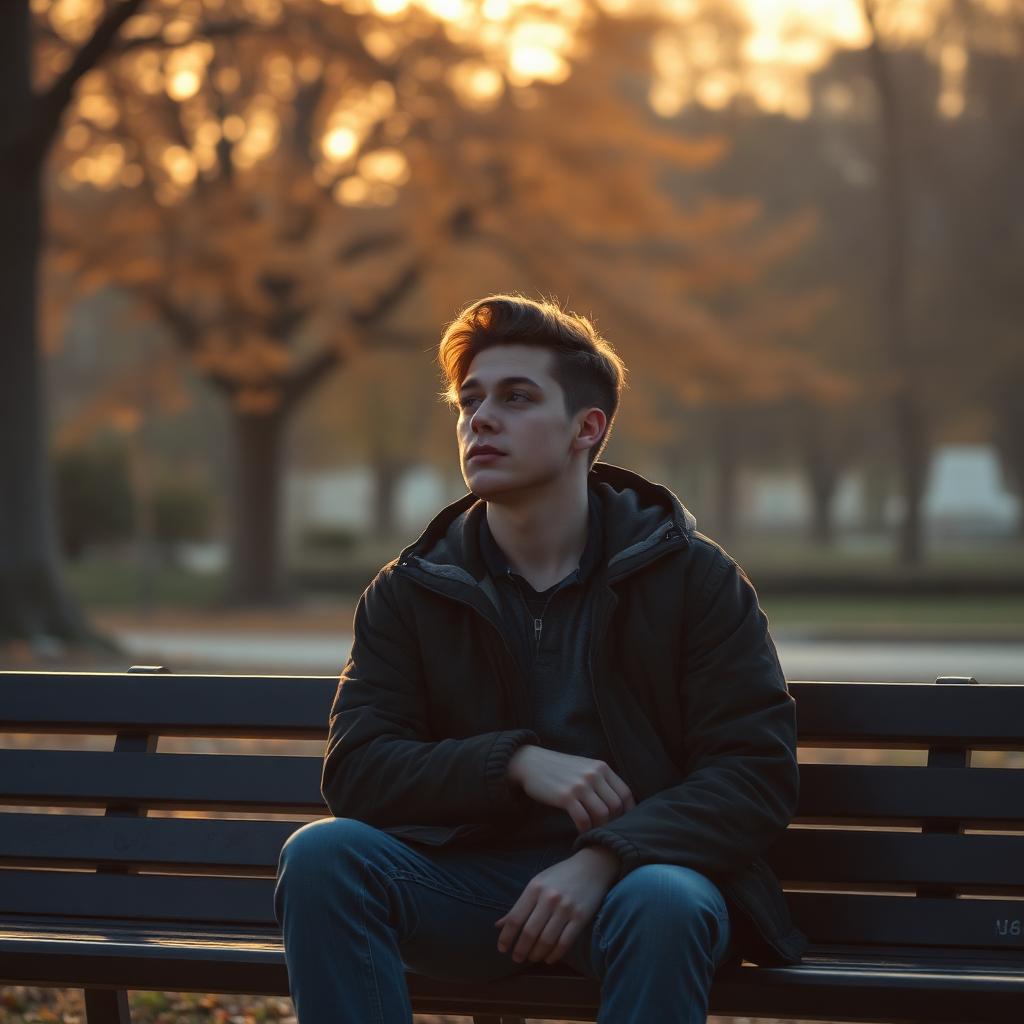 Young adult sitting on a park bench at golden hour, looking contemplative