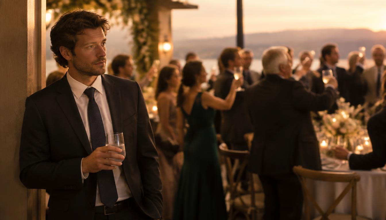 A man in his early thirties standing at the edge of a wedding reception holding a glass of sparkling water while other guests raise a toast