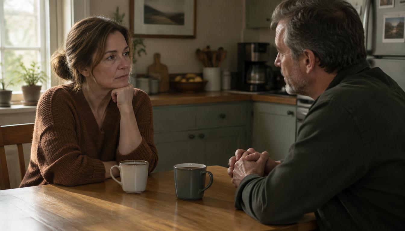 A woman and a man in their late forties sitting across a kitchen table in morning light having an honest conversation