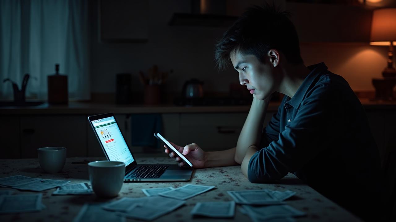 Multiple screens showing online gambling sites with empty wallet and overdue bills scattered on desk