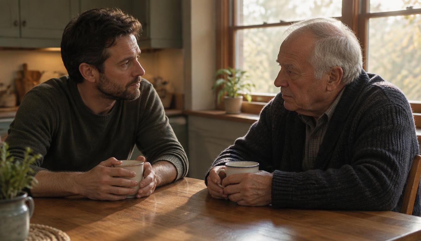 A man in his late thirties and his father in his seventies sitting at a kitchen table having a quiet, honest conversation over coffee