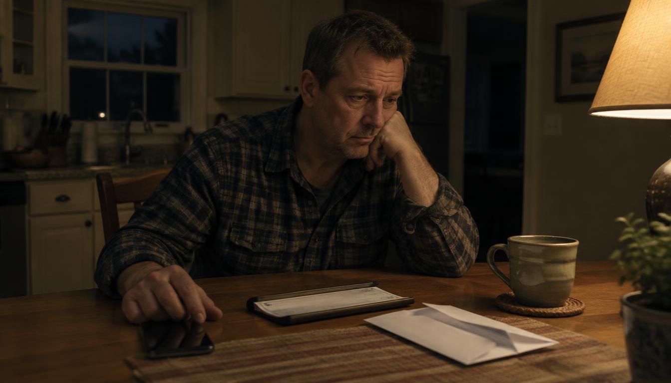 A man in his fifties sitting alone at a kitchen table at night with a checkbook, an envelope, and his phone in front of him