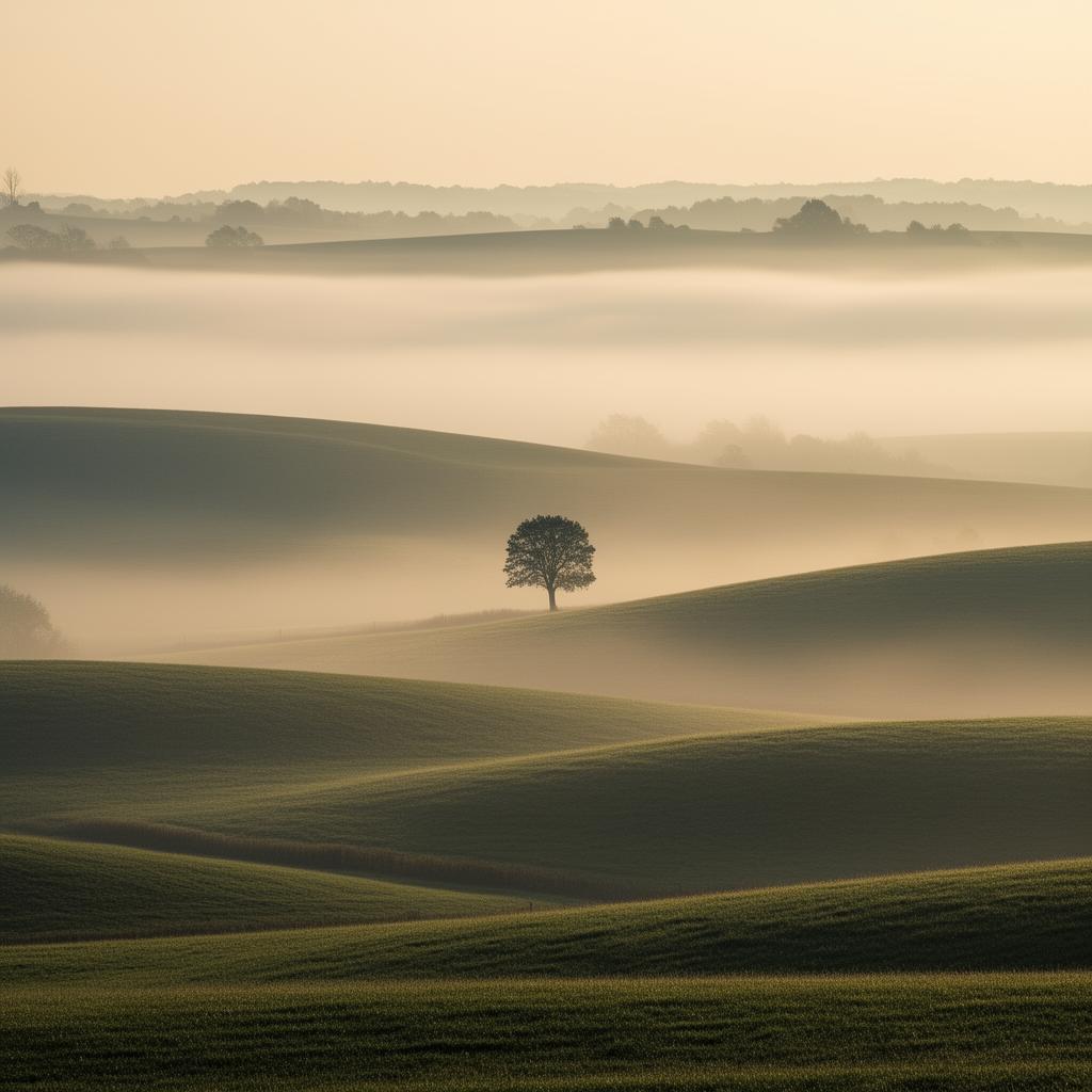 Soft morning fog over rolling green hills with a single tree silhouette in a quiet contemplative landscape