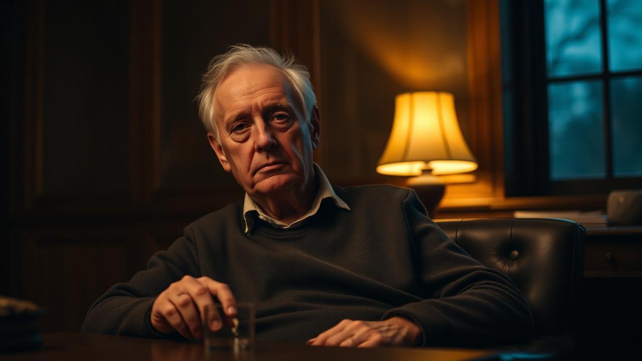 An elderly man sitting alone at a dimly lit study with an empty whiskey tumbler beside him