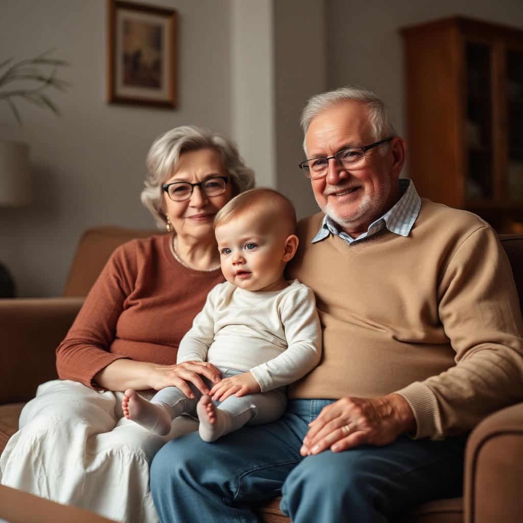 A grandmother and grandfather sitting on a couch in a warm living room with a young grandchild between them