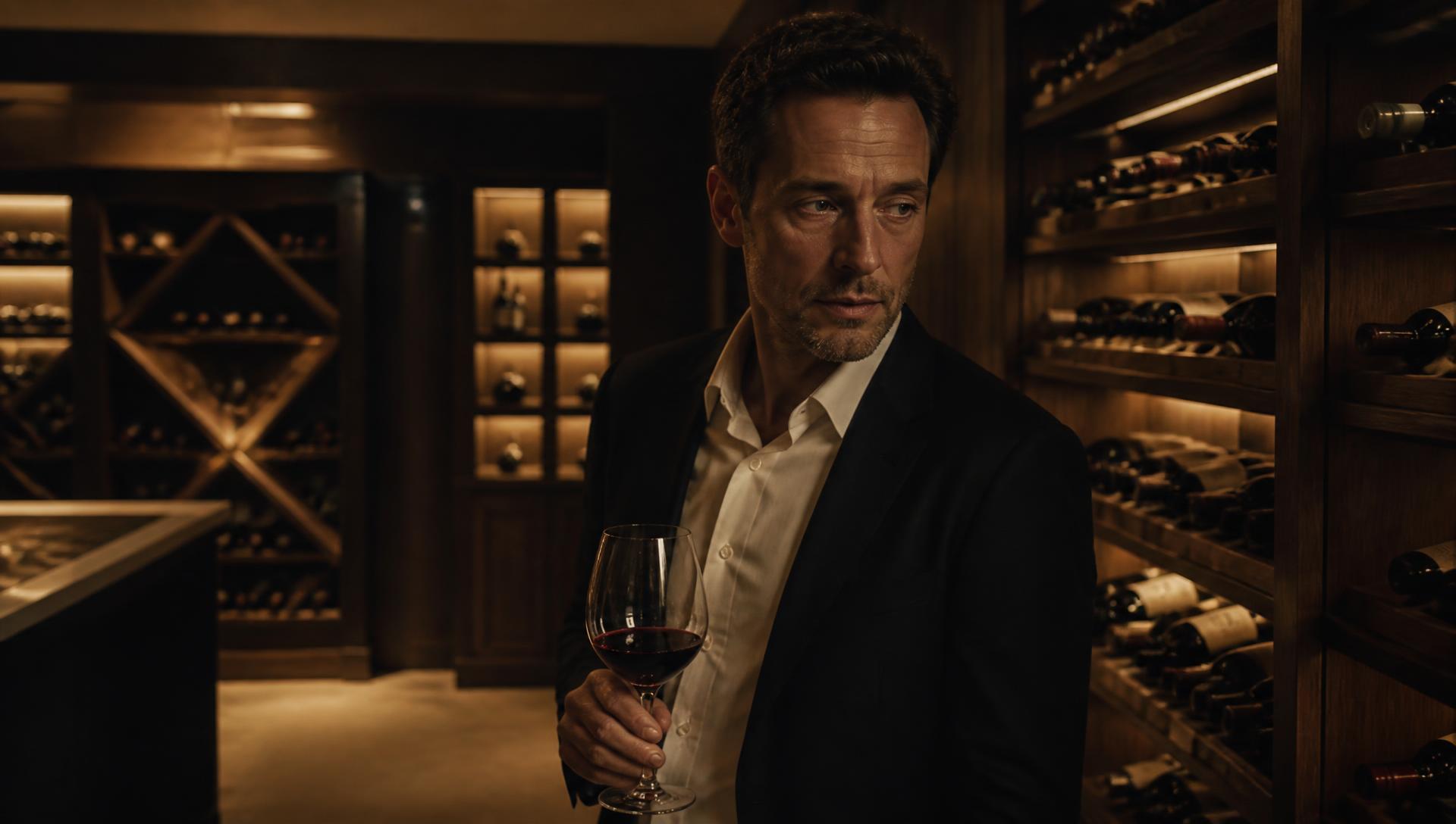 A well-dressed man in his early forties standing in a dimly lit home wine cellar at night holding a glass of red wine, looking away with a weary expression