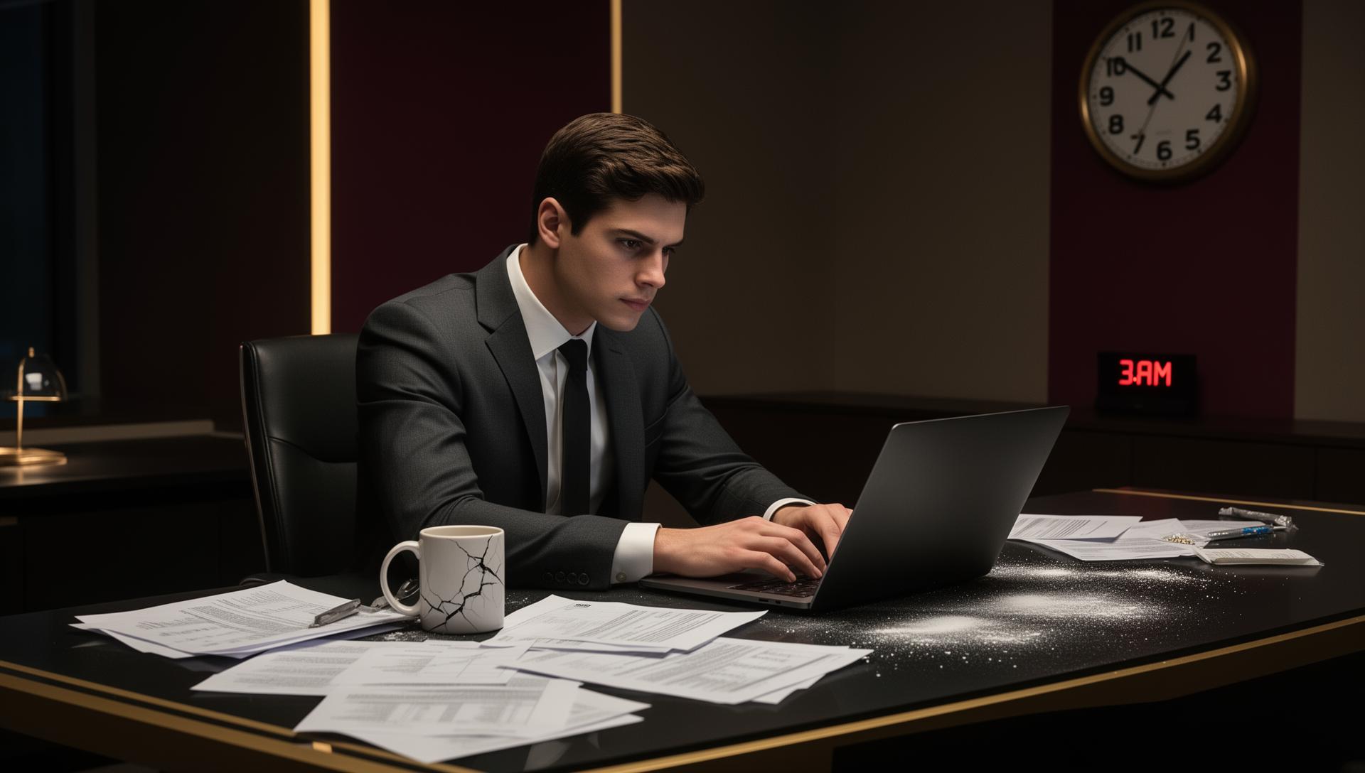 Professional businessman in suit checking phone with powder traces visible on dark surface, suggesting functional addiction